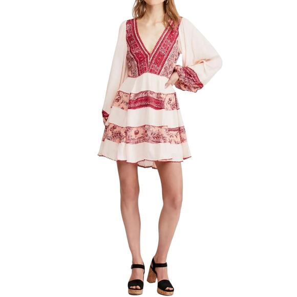 Free People My Love Mini Dress Long Sleeve Pink Red Boho Floral V Neck XS - Picture 1 of 10
